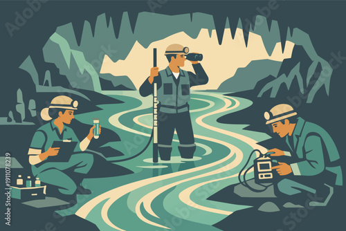 Geologists and hydrologists exploring underground cave, studying water quality