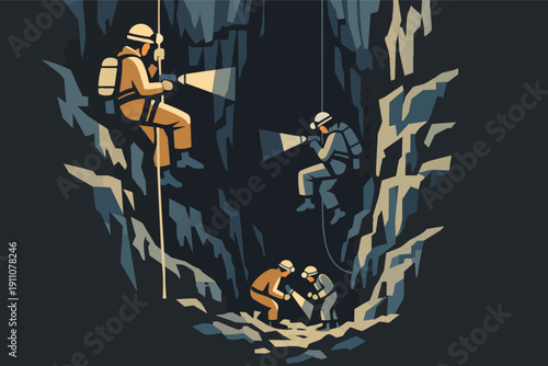 Cave explorers rappelling and investigating a dark underground cavern with flashlights