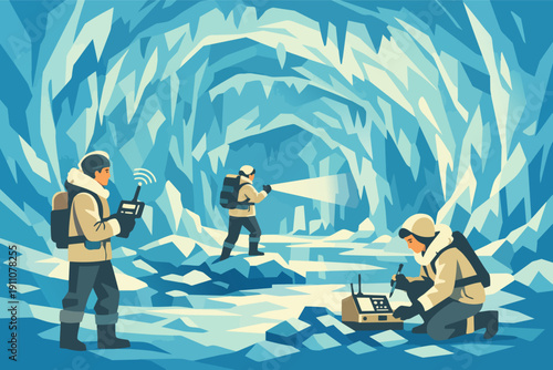 Expedition members conducting scientific research inside a vast blue ice cavern