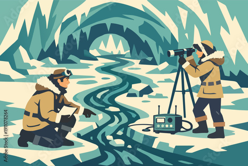 Arctic scientists researching climate change in an ice cave environment