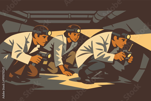 Scientists exploring dark underground area, discovering new things with headlamps