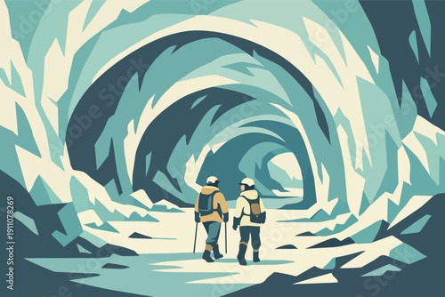 Hikers exploring a frozen ice cave in winter, discovering the icy tunnel