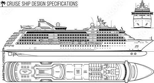 Detailed cruise ship design specifications blueprint featuring side elevation and top deck plan layout, technical maritime engineering drawing of modern passenger liner vessel illustration