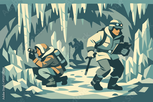 Arctic expedition team exploring an ice cave, collecting data and observing glacial formations