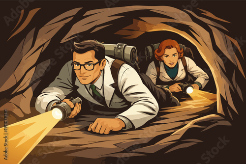 Explorers crawling through dark cave with flashlights discovering new territory