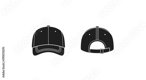 Two graphic representations of a baseball cap in black and white, featuring the front view with a rounded brim and the rear view with a strap.