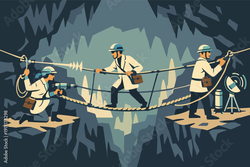 Scientists exploring dangerous cave crossing rope bridge, researching underground discovery
