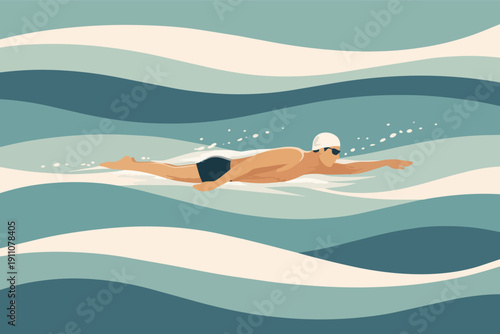 Male swimmer doing crawl stroke in water illustration, representing sport and fitness