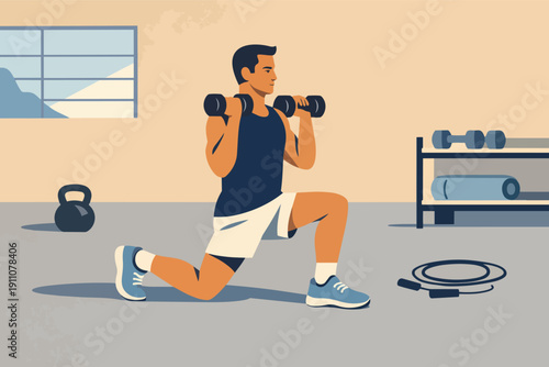 Man doing dumbbell lunges in local gym creating concept of fitness and strength