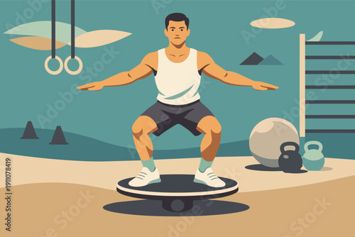 Man exercising using balance board for stability training and fitness workout
