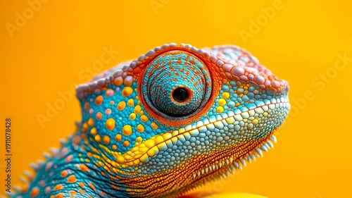 Close up of colorful chameleon head on yellow background. Macro shot of a turquoise and orange chameleon showing scales, eye detail, and skin texture against solid yellow backdrop.