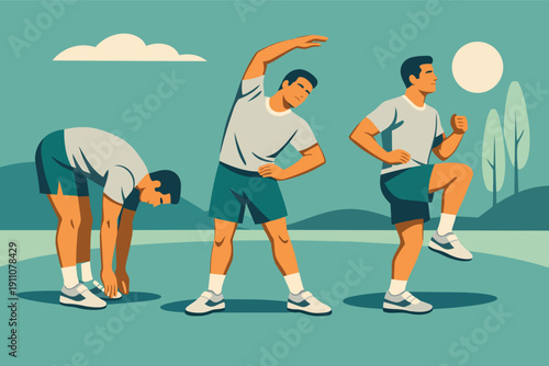 Man exercising outdoors doing stretches and cardio warm-up for healthy lifestyle