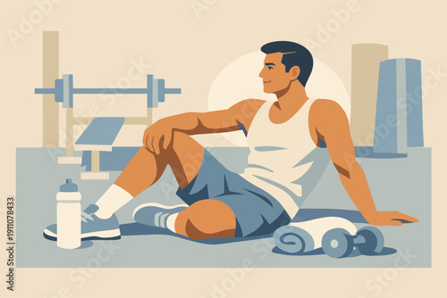 Athlete relaxing after intense workout at gym, focusing on fitness and body health