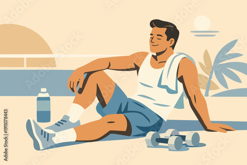 Man resting after workout, enjoying fitness and wellness in tropical sun