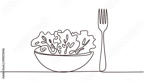 Line art illustration of a salad in a bowl with a fork