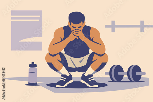 Athlete feeling tired after intense training in gym, taking a moment to rest and recover