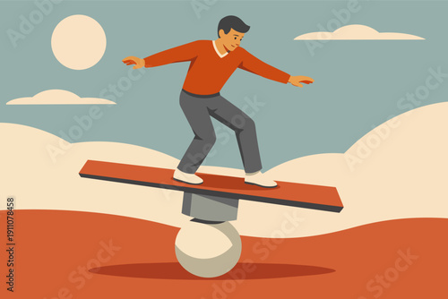 Person balancing on a seesaw, representing business stability, risk, and challenges
