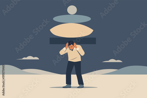 Stressed person feeling burden and pressure from weights falling on head
