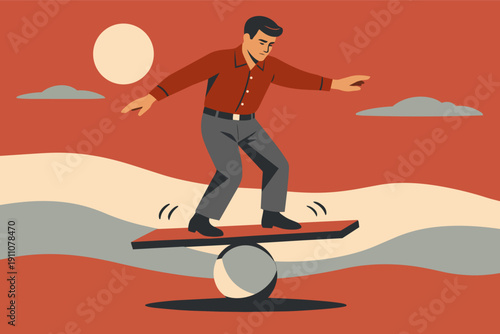 Man balancing on a stability board, seeking equilibrium and life balance