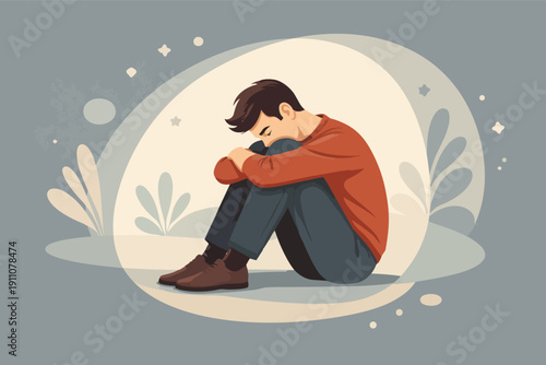 Young man feeling sad and depressed, sitting alone and struggling with mental health