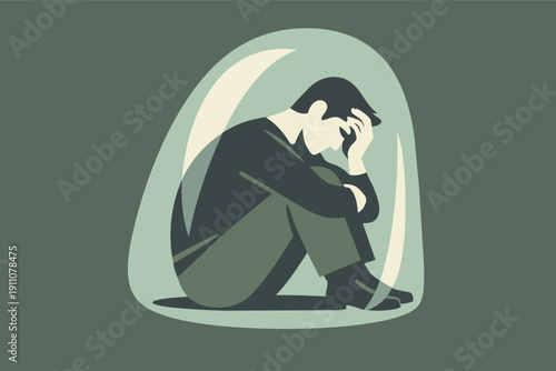 Man feeling isolated and alone, sitting inside a protective bubble