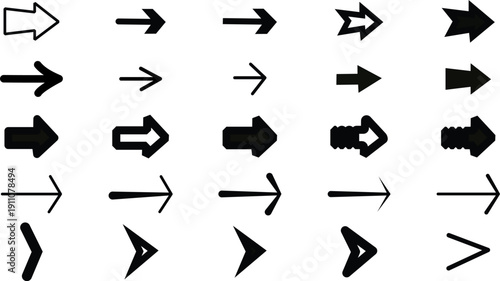 A professional collection of black 3d arrow icons and vector symbols featuring directional signs like up, down, and next buttons for web design and internet interface navigation elements