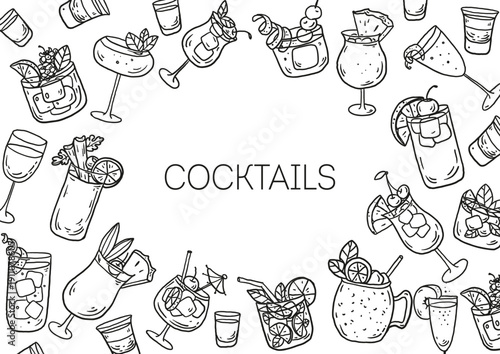 Hand drawn cocktail sketch frame . Whimsical food and drink doodles set. Hand drawn vector illustration for menu, packaging design. Cocktails quirky icons, simple sketch style. Minimalist line art.