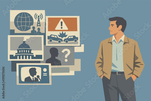 Man considering news, journalism and media communication from various sources