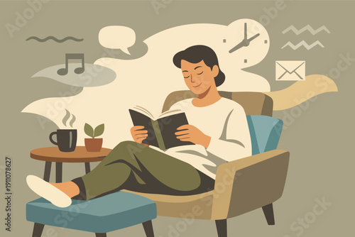 Woman enjoying leisure time reading a book, relaxing in an armchair with coffee