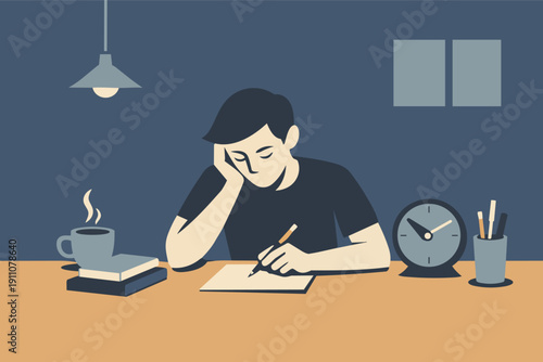Student studying late at night, feeling tired and focused on homework