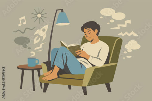 Person reading book in armchair, immersing in imagination and creative thoughts