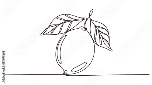 A minimalist line drawing depicts a lemon with attached leaves