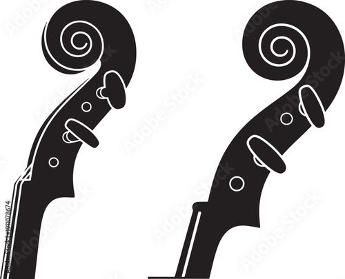 Violin scroll and pegbox icons, classical music, orchestra, string instrument details