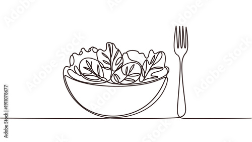 Line drawing of a salad in a bowl with a fork nearby