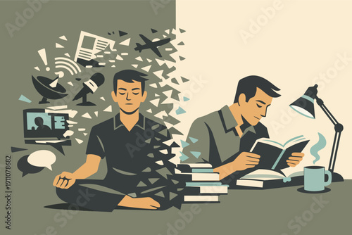 Man finding peace through mindfulness, embracing digital detox and focus