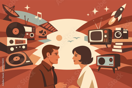 Retro couple surrounded by vintage media and space race technology illustration