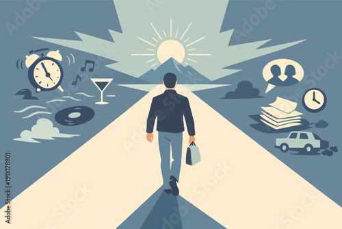 Man walking path choosing between leisure, family, and work, finding life balance