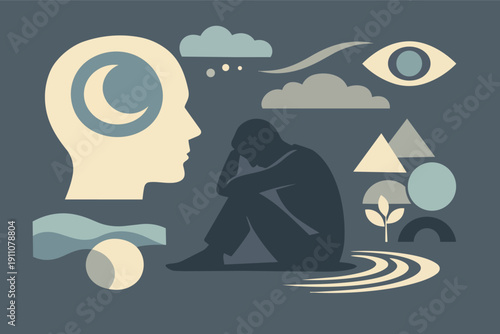 Man finding himself in sorrow, surrounded by symbols of mind, thought, problems, and hope