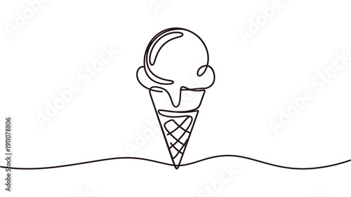 Minimalist line drawing of a classic ice cream cone on a white background