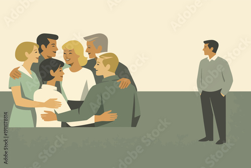 Man feeling excluded from a group of happy people hugging and interacting