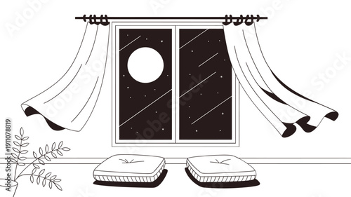 A whimsical illustration of a window revealing a starry night scene