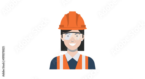 An illustration of a smiling female construction worker or engineer wearing an orange hard hat, clear safety glasses, and a reflective vest.