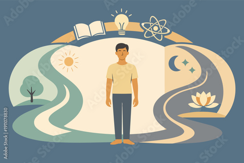 Person finding personal development path, balancing knowledge and mindfulness journey