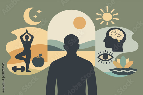 Person visualizing wellness, mental health and balanced healthy lifestyle elements