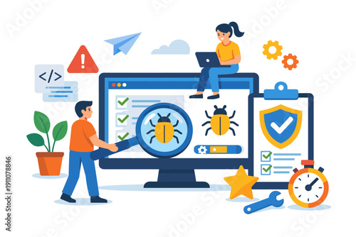Software developers debugging code and testing for bugs on computer screens