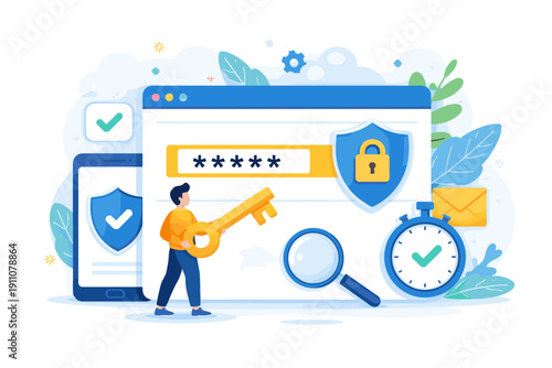 Digital security concept with person holding key and login interface with padlock