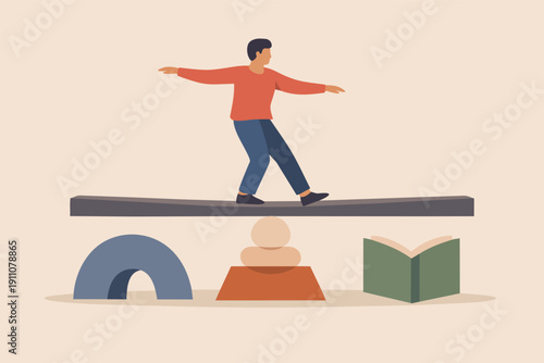 Person walking on a balancing beam, keeping stability and life equilibrium