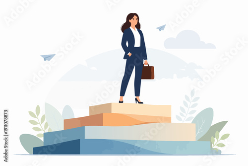 Businesswoman achieving career growth, standing confidently on top of success steps