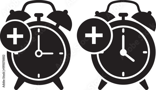 Alarm clock icons with plus sign, time management, reminders, efficiency concept