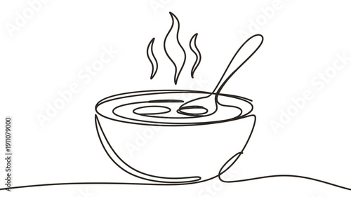 A single line drawing of a bowl of hot soup with steam and spoon